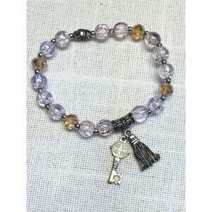 Beaded Stretch Bracelet Purple Glass Beads Saint Benedict Medal Key Charm